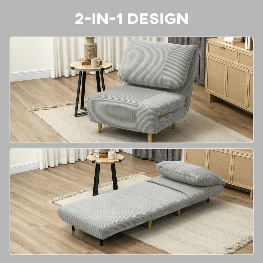 Northio 2-in-1 Schlafsofa Schlafsessel Verstellbar Klappmatratze Gästebett im Cord-Optik, für Schlafzimmer, Wohnzimmer Grau 82 x 89 x 83 cm Aosom  