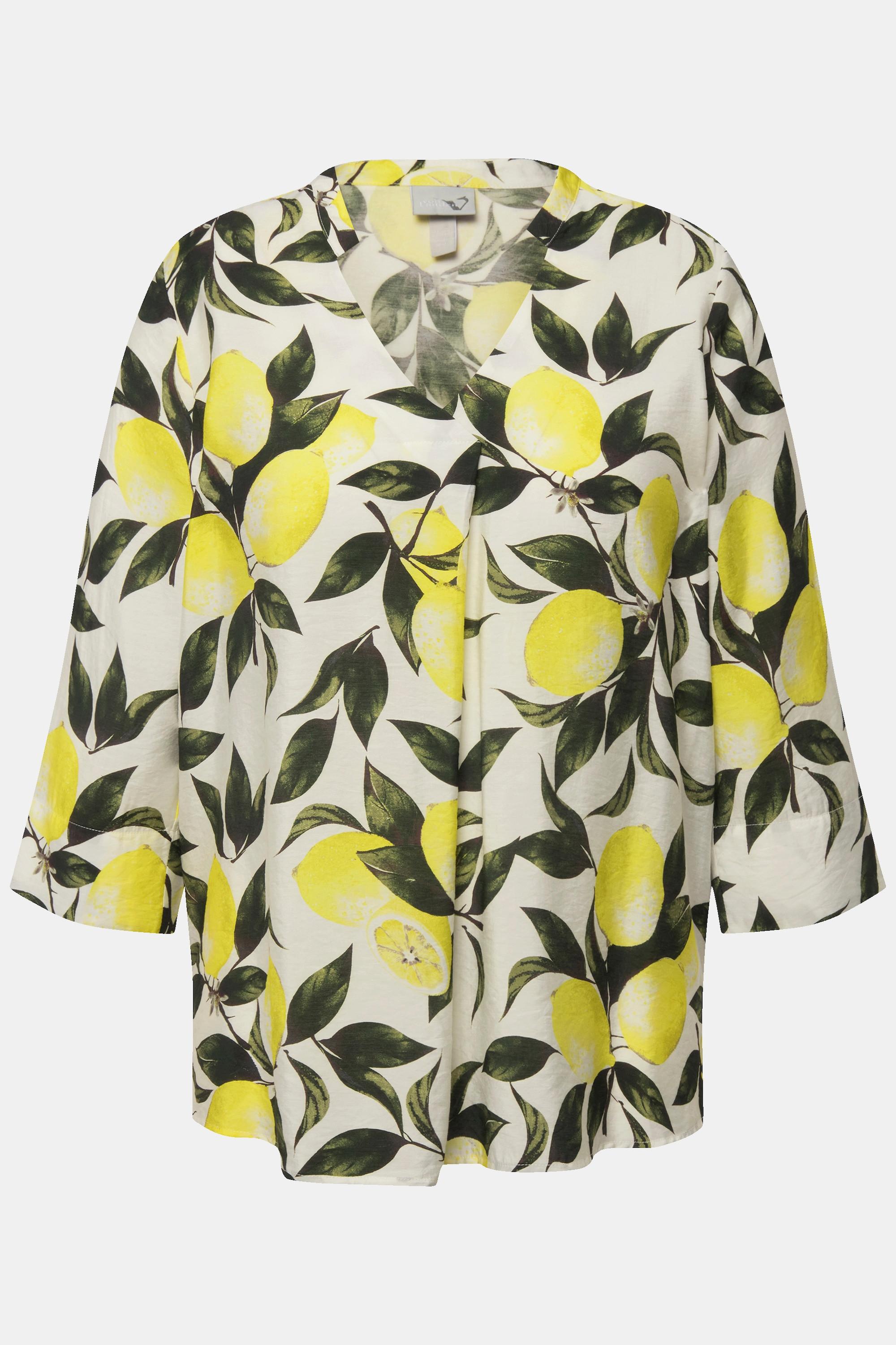 Ulla Popken  Blouse imprimé citrons, col légèrement montant. Décolleté en V et manches 3/4. 