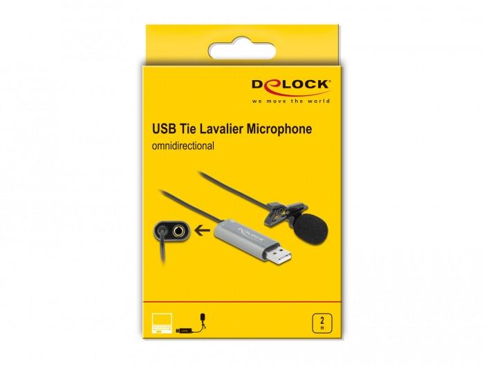 DeLock  DeLOCK Microphone USB suspendu en lavallière, omnidirectionnel, 24 octets / 192 kHz avec clip et port jack stéréo d’écouteurs 3,5 mm 