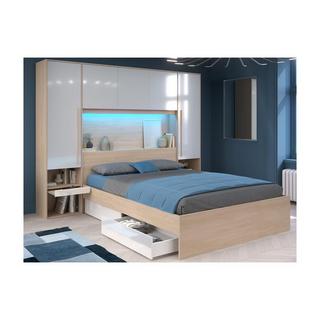 Vente-unique Letto con LED e vani portaoggetti 160 x 200 cm Naturale e Bianco lucido - VELONA  