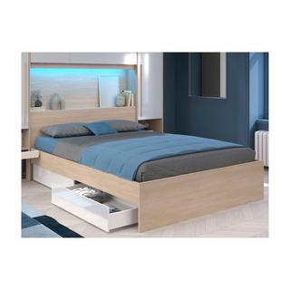 Vente-unique Letto con LED e vani portaoggetti 160 x 200 cm Naturale e Bianco lucido - VELONA  