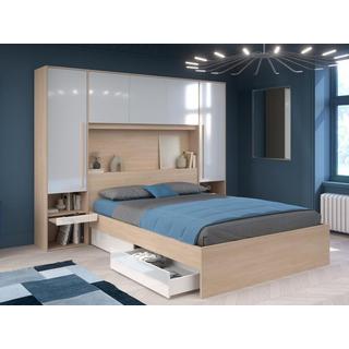 Vente-unique Letto con LED e vani portaoggetti 160 x 200 cm Naturale e Bianco lucido - VELONA  