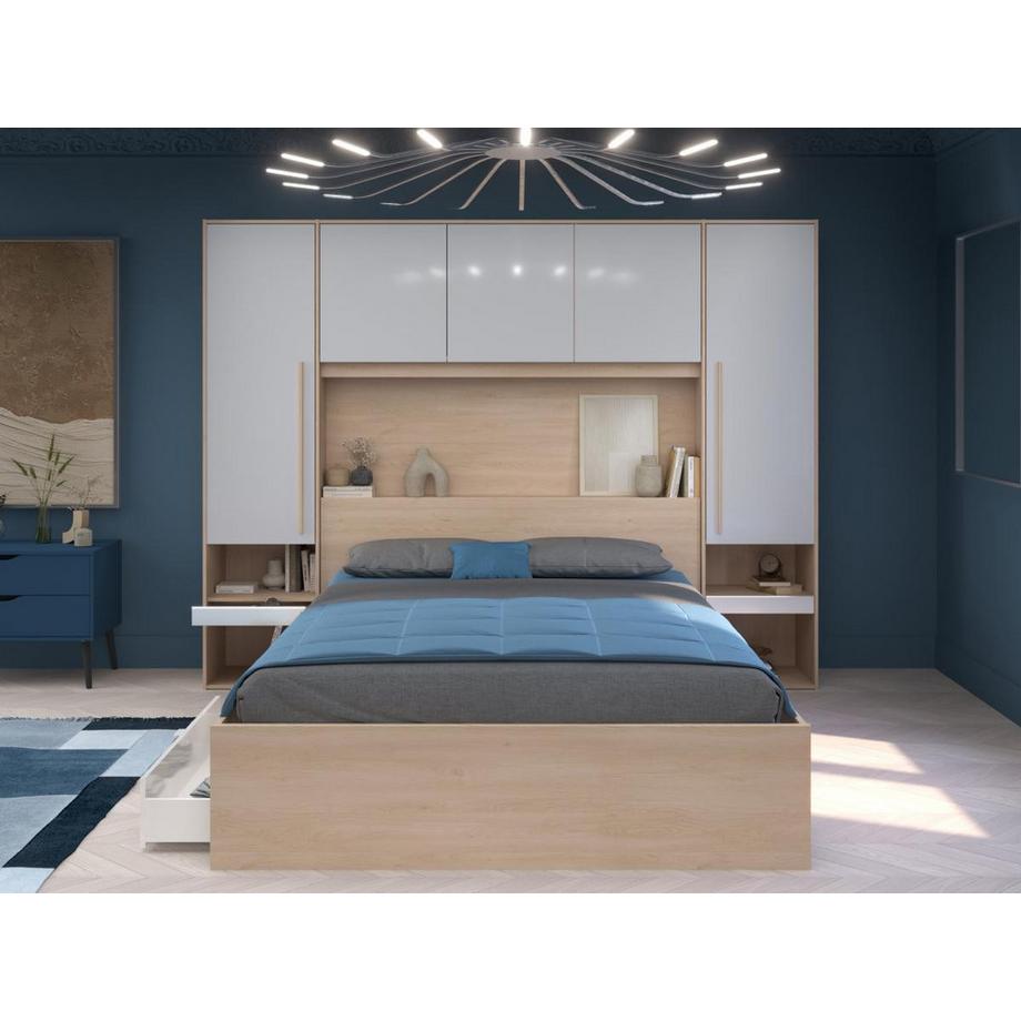 Vente-unique Letto con LED e vani portaoggetti 160 x 200 cm Naturale e Bianco lucido - VELONA  