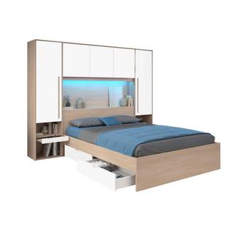 Vente-unique Letto con LED e vani portaoggetti 160 x 200 cm Naturale e Bianco lucido - VELONA  