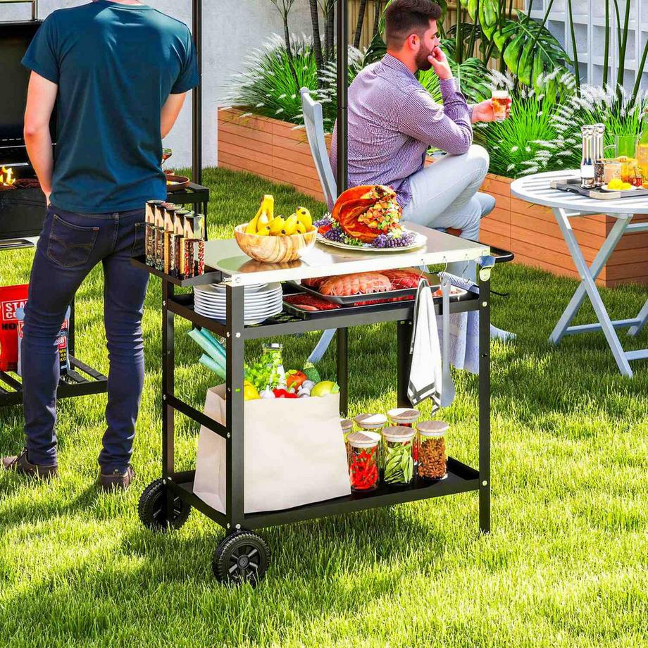 Northio Chariot à grillades Chariot de service à 3 niveaux avec poignées de plan de travail, roulettes, table de barbecue réglable en hauteur en acier inoxydable, table d'appoint pour barbecue, chariot d'extérieur pour barbecue de jardin 100x52x80cm noir  