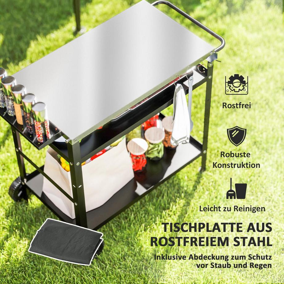 Northio Chariot à grillades Chariot de service à 3 niveaux avec poignées de plan de travail, roulettes, table de barbecue réglable en hauteur en acier inoxydable, table d'appoint pour barbecue, chariot d'extérieur pour barbecue de jardin 100x52x80cm noir  