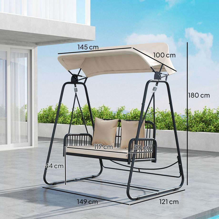 Northio Balançoire de jardin 2 places en rotin Hollywood Swing avec coussin d'auvent réglable, banc suspendu pouvant supporter jusqu'à 240 kg, banc balançoire suspendu pour balcon de jardin 149 x 121 x 180 cm Kaki  