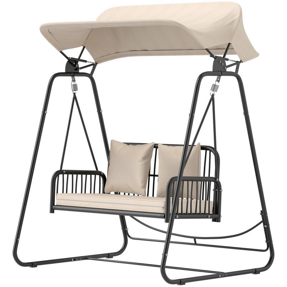 Northio Balançoire de jardin 2 places en rotin Hollywood Swing avec coussin d'auvent réglable, banc suspendu pouvant supporter jusqu'à 240 kg, banc balançoire suspendu pour balcon de jardin 149 x 121 x 180 cm Kaki  