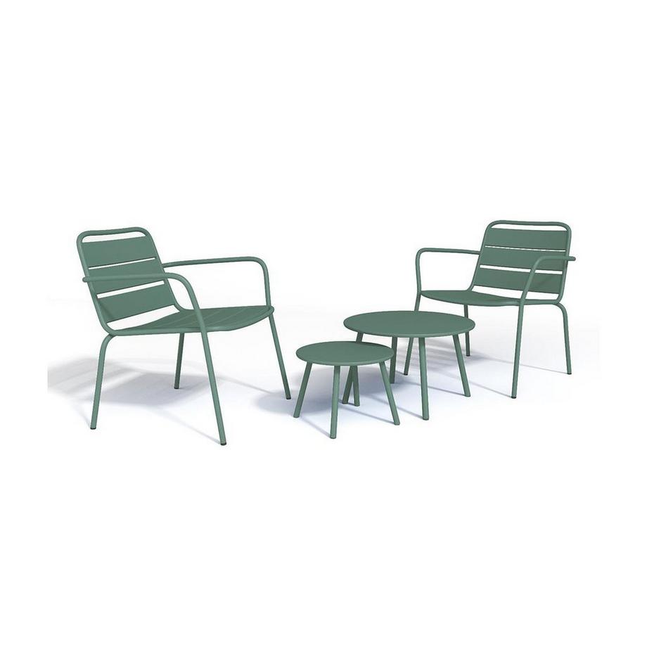 Vente-unique Salotto da giardino 2 poltrone basse impilabili e tavoli a scomparsa in Metallo Verde acqua - MIRMANDE  