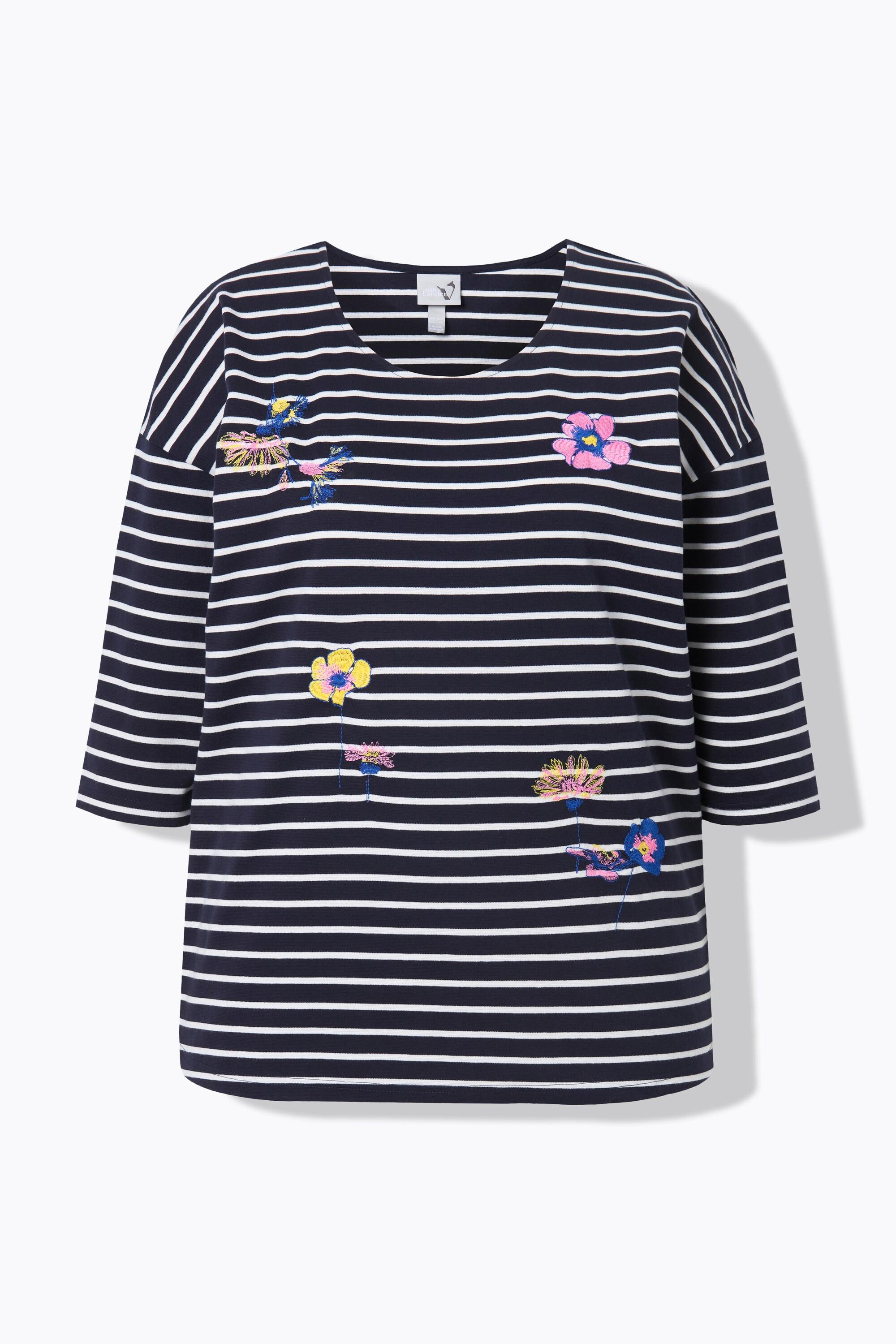 Ulla Popken  Ringelshirt, Stickerei, Oversized, Rundhals, 3/4-Arm 