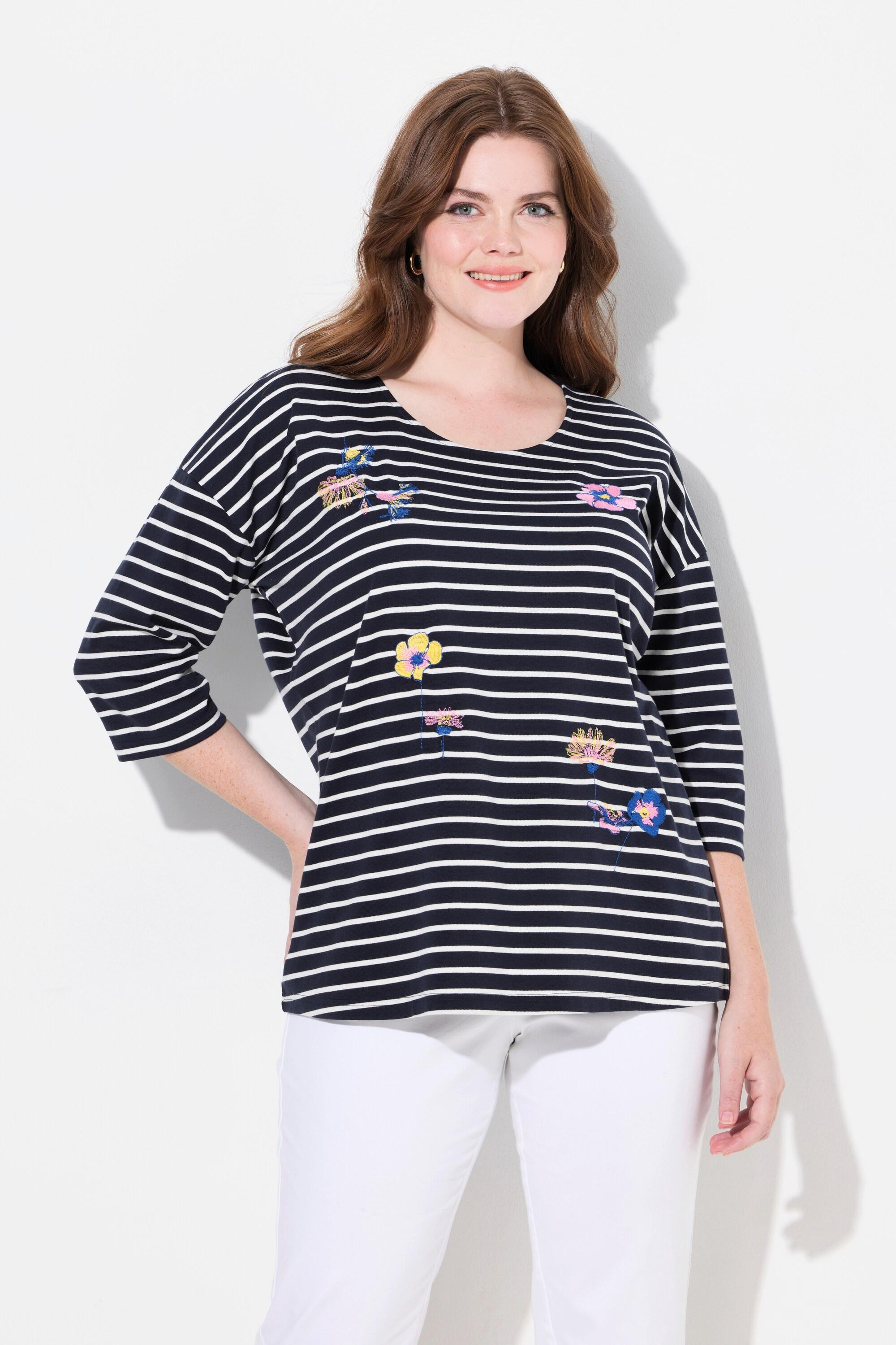 Ulla Popken  Ringelshirt, Stickerei, Oversized, Rundhals, 3/4-Arm 