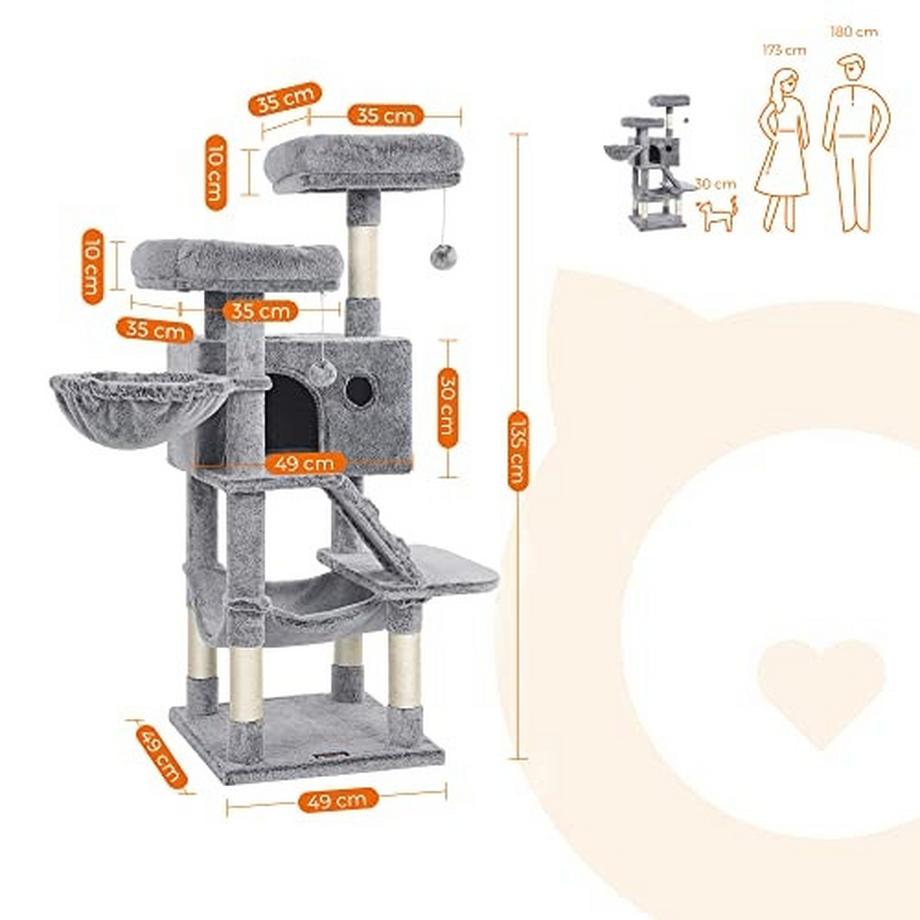 Pricenet  135 cm großer Plüsch-Katzbaum mit Hängematte, Höhle und Sisalpfosten 