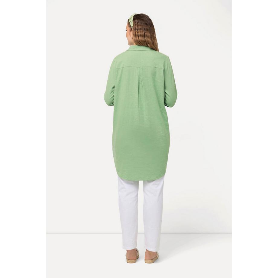 Ulla Popken Blouse Longue Lin Mélangé Ruban Rayures Col Chemise Manches Longues  