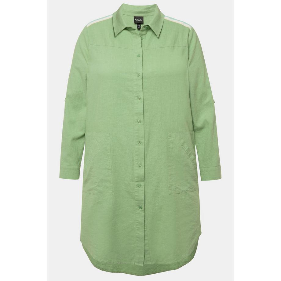 Ulla Popken Blouse Longue Lin Mélangé Ruban Rayures Col Chemise Manches Longues  