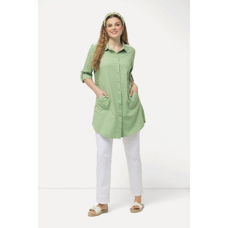 Ulla Popken Blouse Longue Lin Mélangé Ruban Rayures Col Chemise Manches Longues  