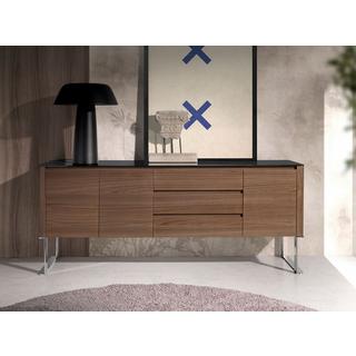 ANGEL CERDA Buffet noyer, acier chromé et plateau en verre noir  