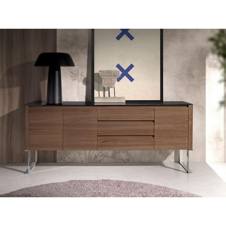 ANGEL CERDA Madia noce, acciaio cromato e piano in vetro nero  