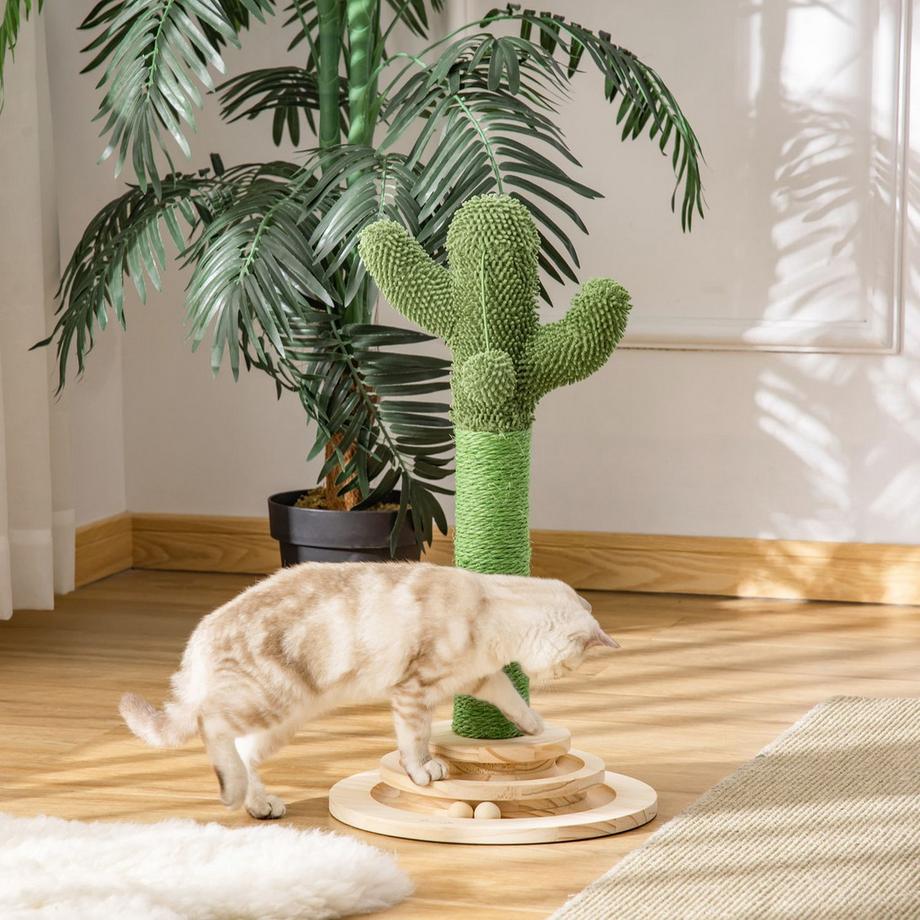 Northio  Griffoir Pour Chat En Forme De Cactus, Bois De Pin Et Corde En Sisal, Avec Jouet Boule En Bois, 60 Cm, Vert + Naturel 