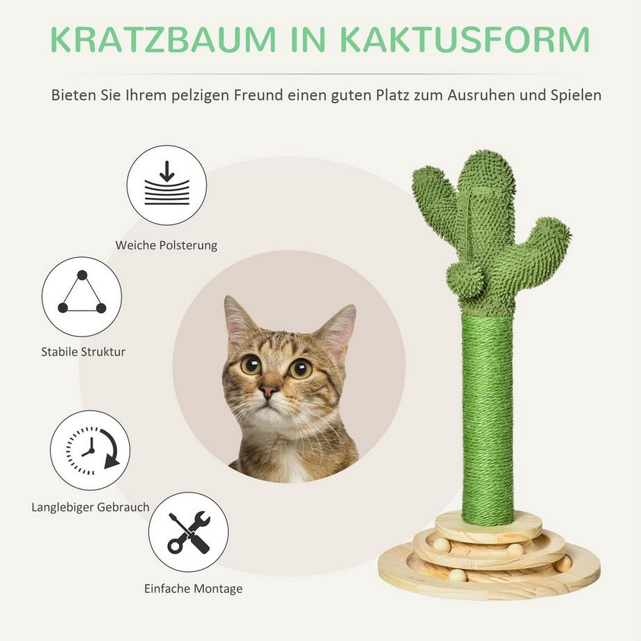 Northio  Griffoir Pour Chat En Forme De Cactus, Bois De Pin Et Corde En Sisal, Avec Jouet Boule En Bois, 60 Cm, Vert + Naturel 