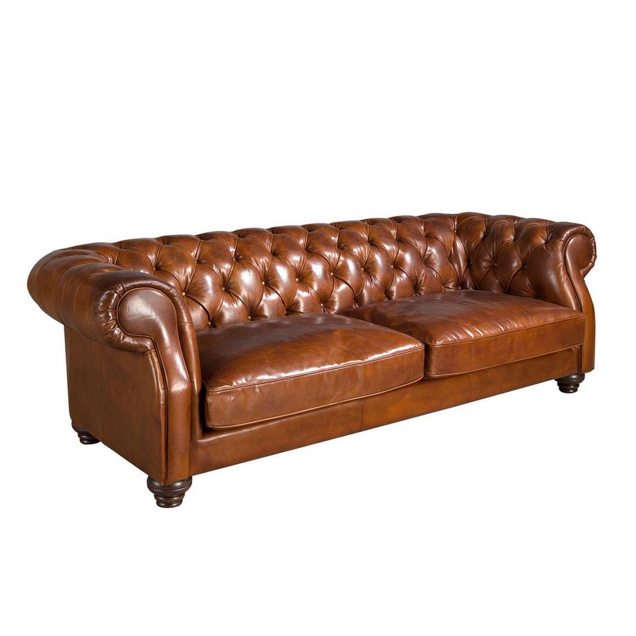 Canapé chester 3 places en cuir marron cognac
