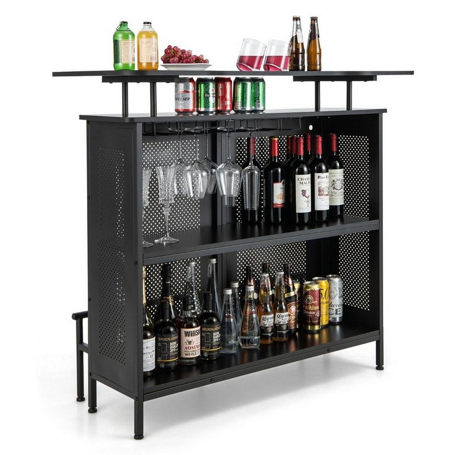 Northix  Küche Bartisch mit 2 Weinregalen & 6 Glashaltern & Verstellbare Füße 120 x 50 x 106,5 cm Schwarz 