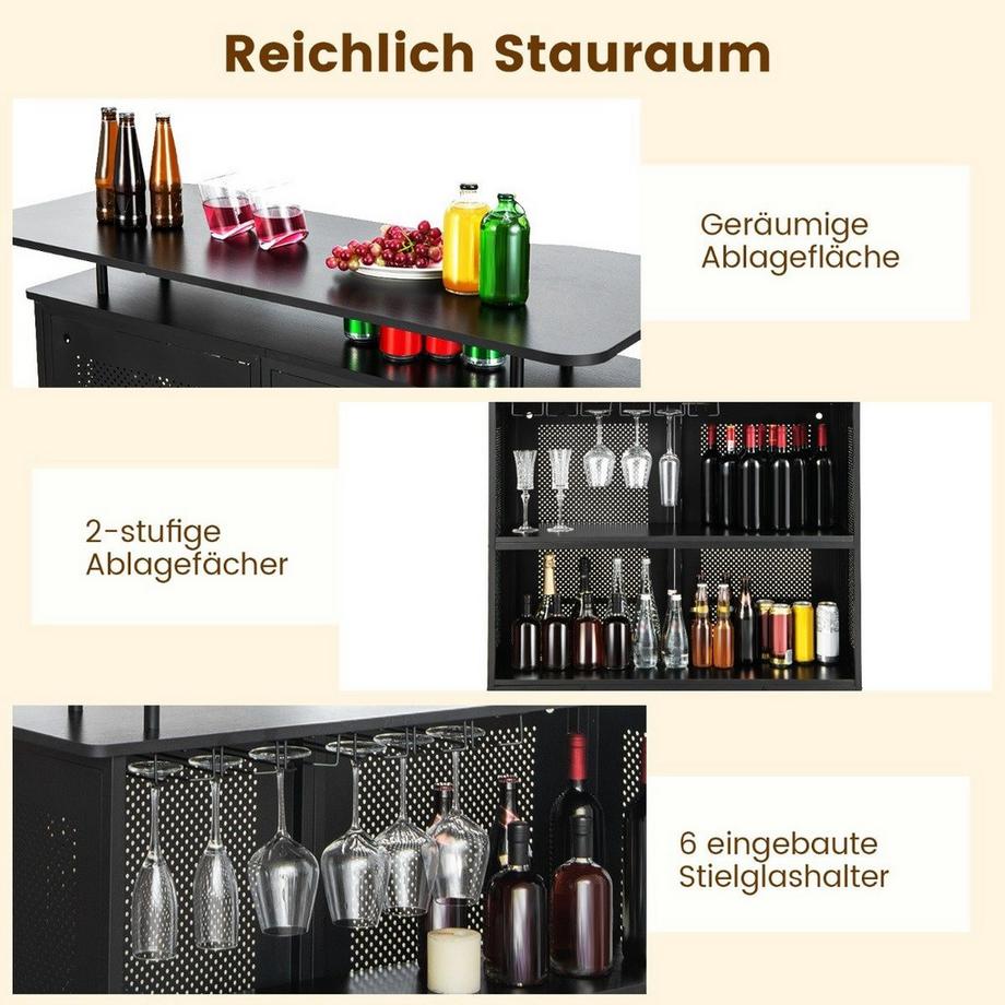 Northix  Küche Bartisch mit 2 Weinregalen & 6 Glashaltern & Verstellbare Füße 120 x 50 x 106,5 cm Schwarz 