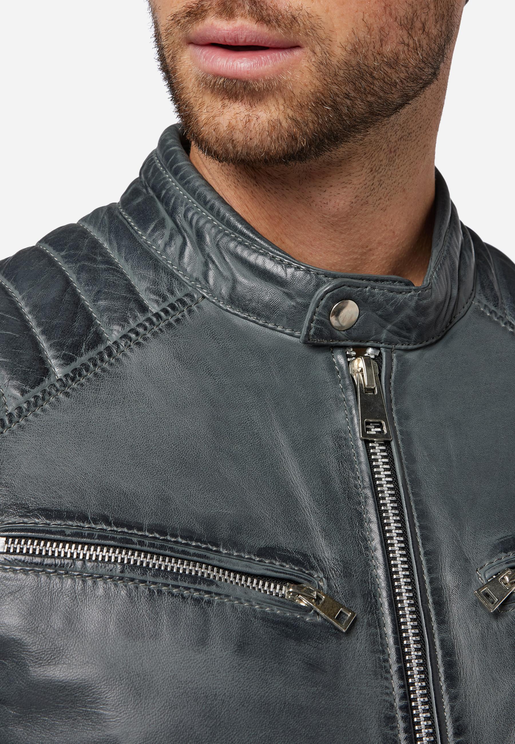 RICANO  Giacca in pelle da uomo Cooper - stile biker con collo alto 