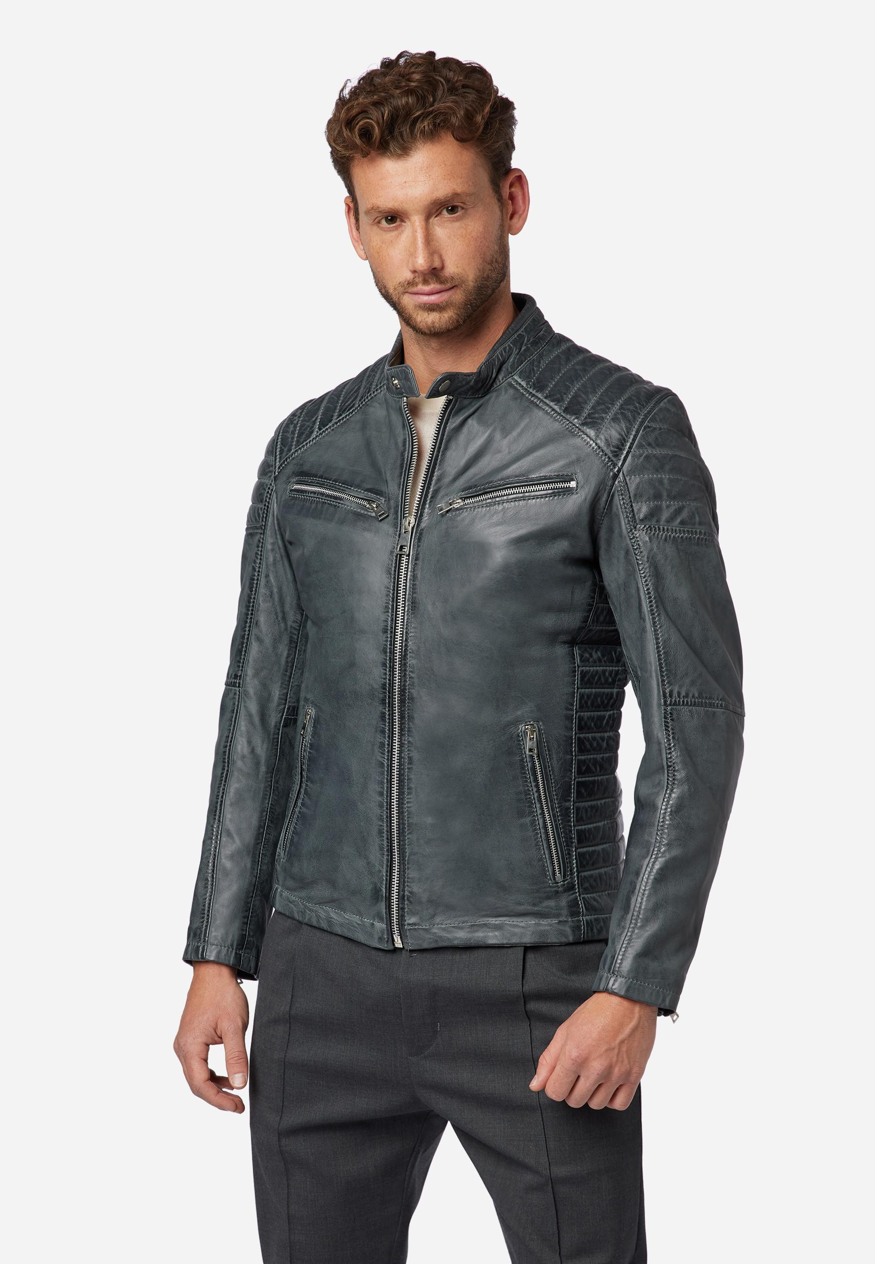 RICANO  Giacca in pelle da uomo Cooper - stile biker con collo alto 