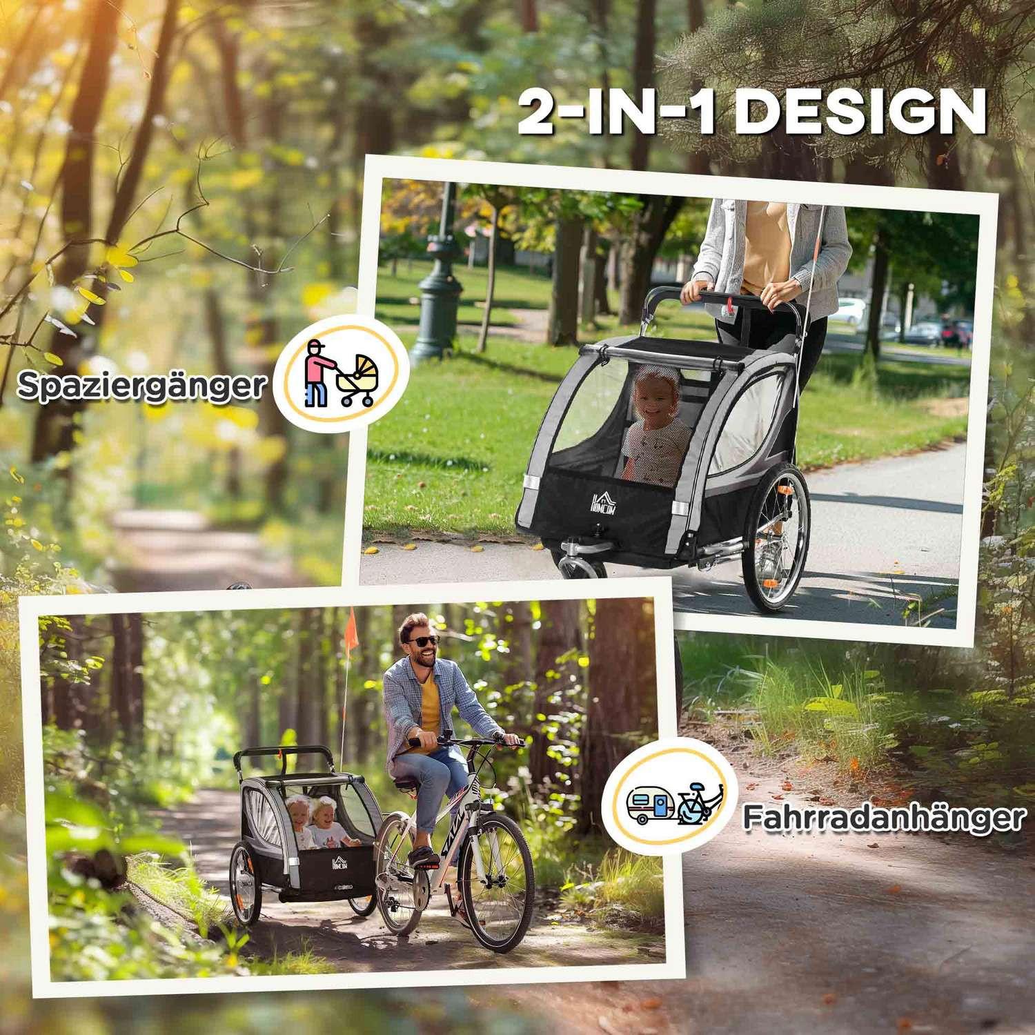 Northio  2 in 1 Kinderanhänger klappbar Fahrradanhänger mit abnehmbarem Vorderrad, Hinterradbremsen, Kinderfahrradanhänger für 2 Kinder ab 18 Monate, bis 26,4 kg belastbar, Grau 