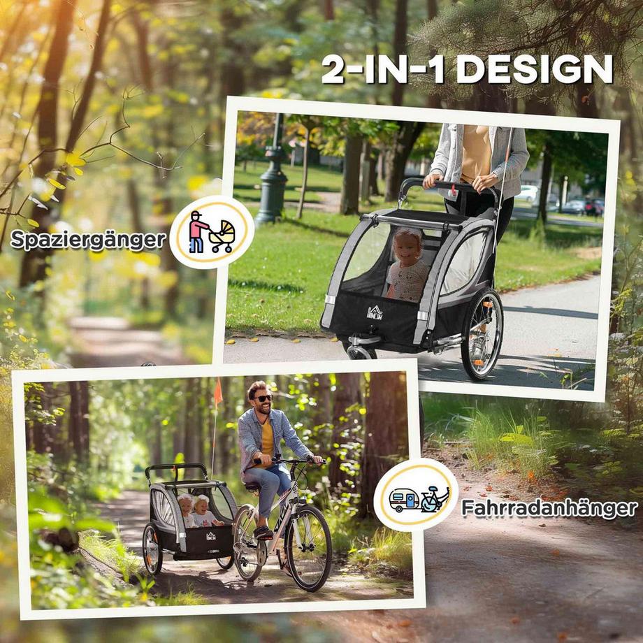 Northio  2 in 1 Kinderanhänger klappbar Fahrradanhänger mit abnehmbarem Vorderrad, Hinterradbremsen, Kinderfahrradanhänger für 2 Kinder ab 18 Monate, bis 26,4 kg belastbar, Grau 