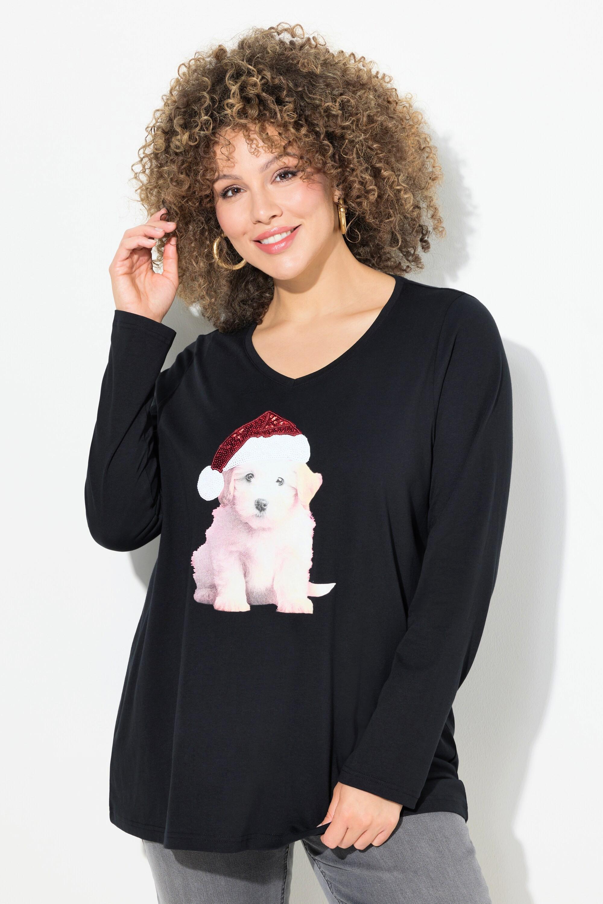 Ulla Popken  Weihnachtsshirt, Welpe, A-Linie, V-Ausschnitt, Langarm 