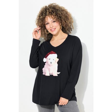 Ulla Popken  Weihnachtsshirt, Welpe, A-Linie, V-Ausschnitt, Langarm 