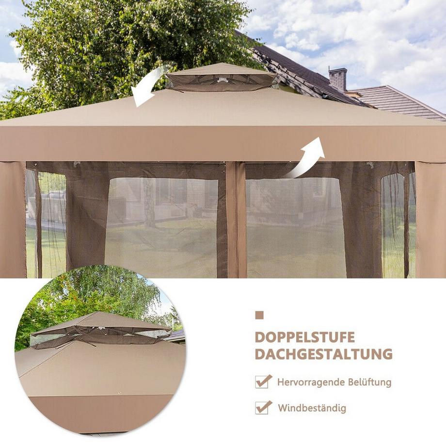 Northix Gartenpavillon Gartenzelt Camping Partyzelt mit 4 Seitenwänden 300 x 300 x 265 cm Braun  