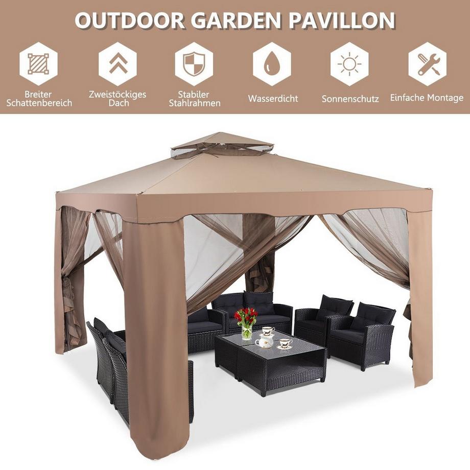 Gartenpavillon Gartenzelt Camping Partyzelt mit 4 Seitenwänden 300 x 300 x 265 cm Braun