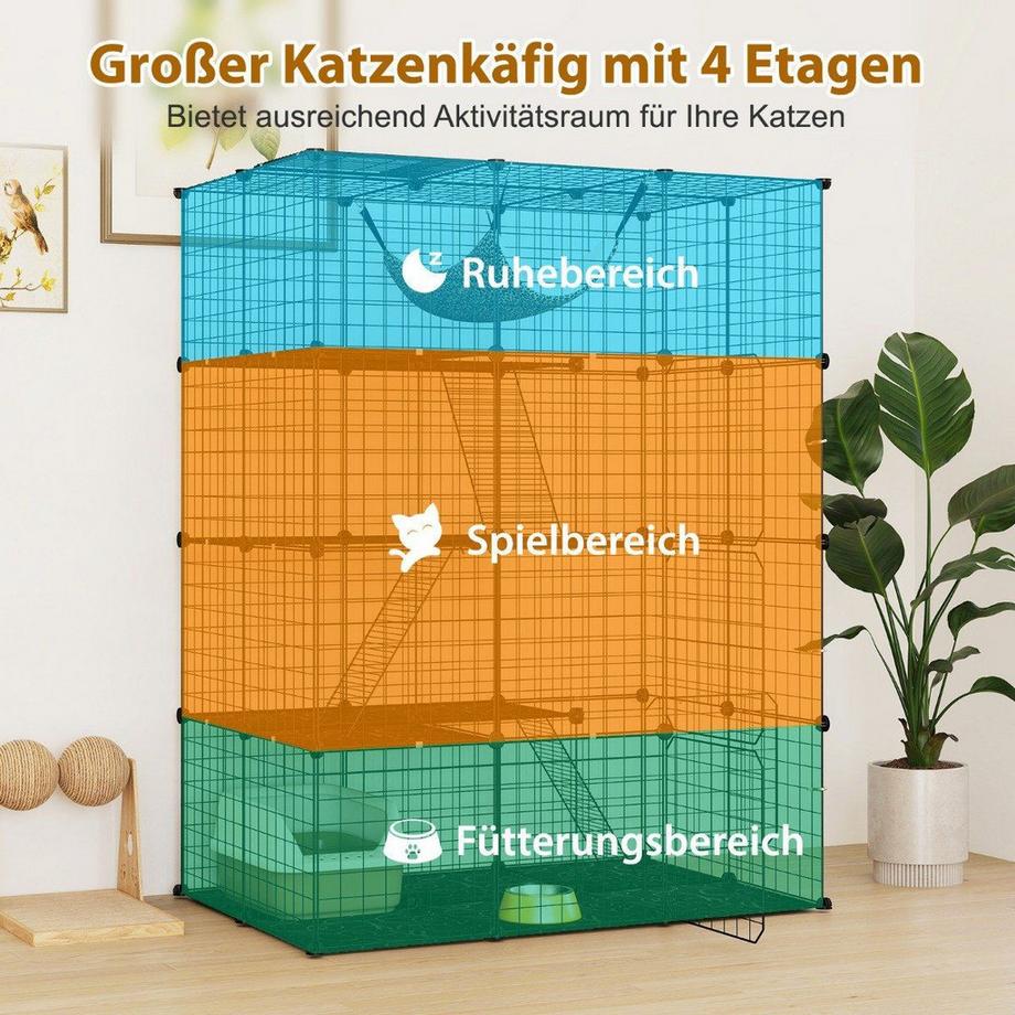 Northix  Katzenkäfig 4-stöckig große Katzengehege mit Hängematte 3 Leitern 4 Türen & Dachfenster 