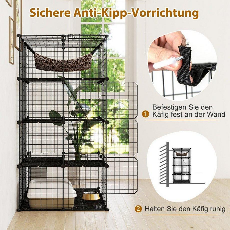 Northix  Katzenkäfig 4-stöckig große Katzengehege mit Hängematte 3 Leitern 4 Türen & Dachfenster 