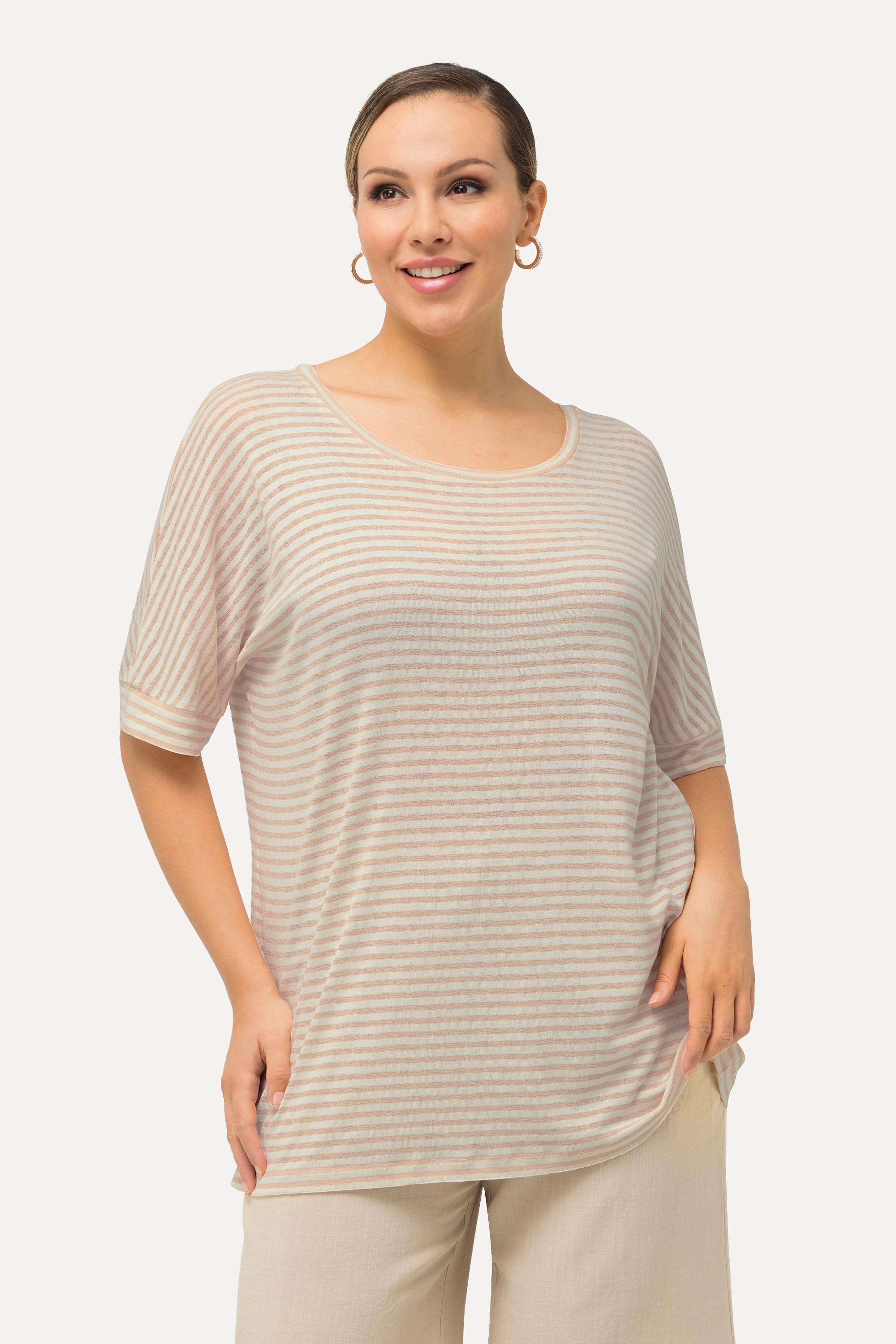 Ulla Popken  T-shirt dal taglio oversize con righe, scollo a girocollo e mezze maniche 