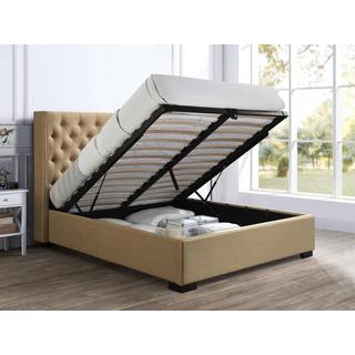 Vente-unique Lit coffre 180 x 200 cm avec tête de lit capitonnée - Tissu - Beige - MASSIMO  