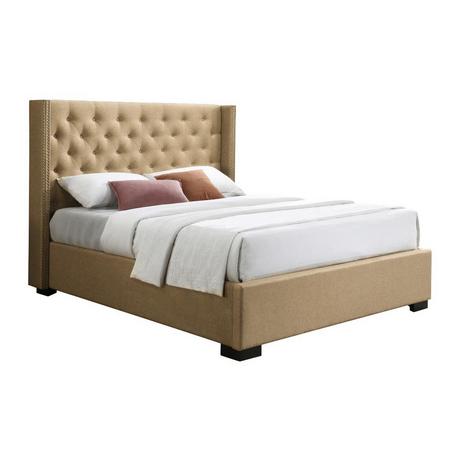 Vente-unique Lit coffre 180 x 200 cm avec tête de lit capitonnée - Tissu - Beige - MASSIMO  