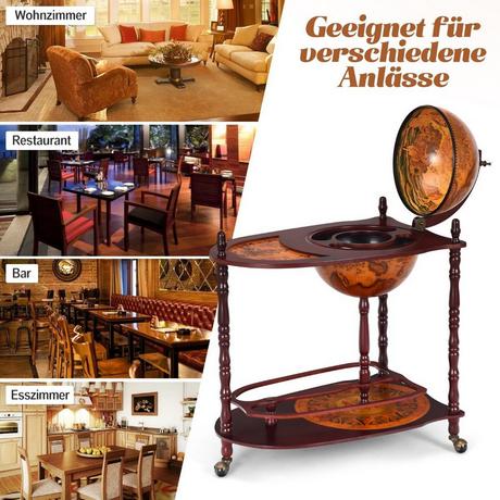 Northio Bar globe en bois d'eucalyptus sur 3 roulettes pour ouverture.  