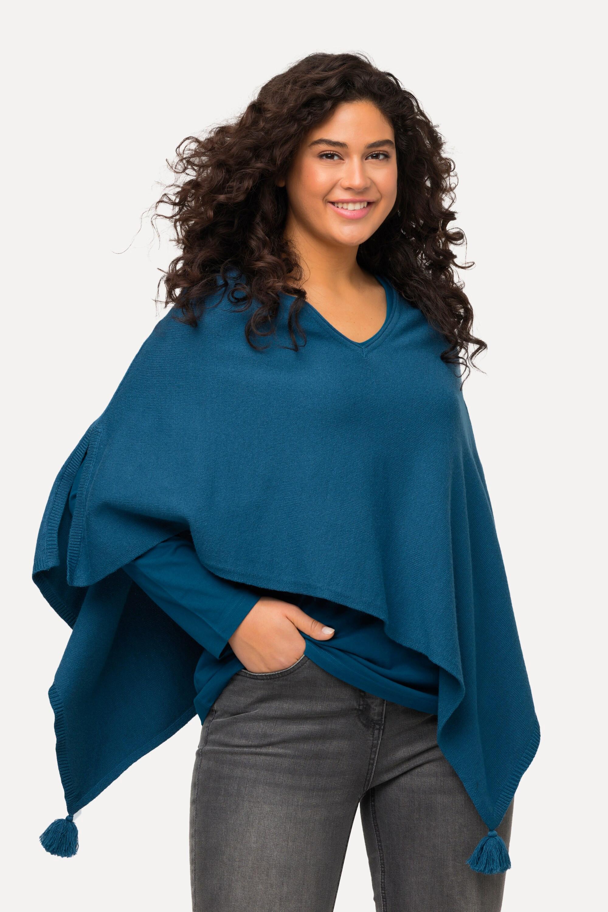 Ulla Popken  Poncho en maille, finition en pointe, pompon, col en V, sans manches 