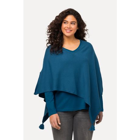 Ulla Popken  Poncho en maille, finition en pointe, pompon, col en V, sans manches 