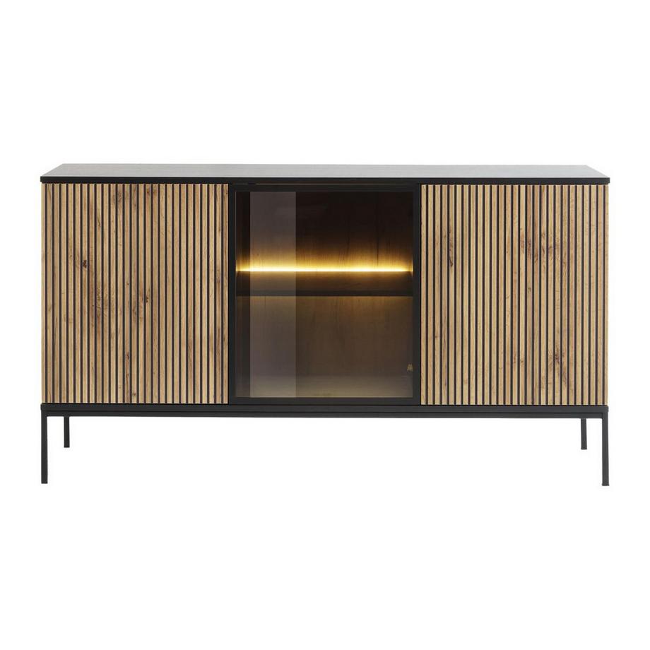 Vente-unique  Sideboard - 3 Türen - mit LED-Beleuchtung - MDF & Rauchglas - Schwarz & Holzfarben - OVILA 