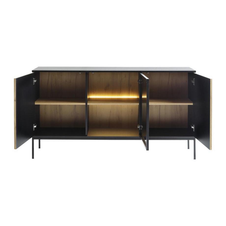 Vente-unique  Sideboard - 3 Türen - mit LED-Beleuchtung - MDF & Rauchglas - Schwarz & Holzfarben - OVILA 
