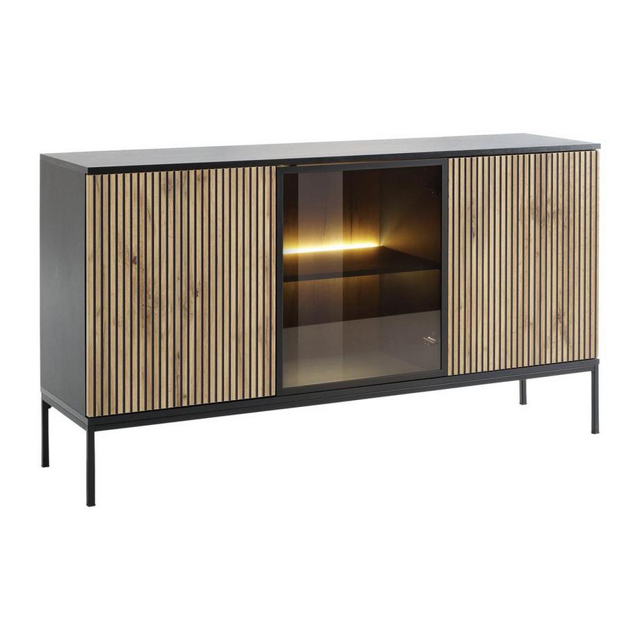 Vente-unique  Sideboard - 3 Türen - mit LED-Beleuchtung - MDF & Rauchglas - Schwarz & Holzfarben - OVILA 