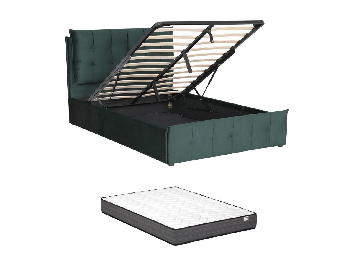 Image of Bett mit Bettkasten + Matratze - 140 x 200 cm - Samt - Grün - OLERIA Bett mit Bettkasten + Matratze - 140 x 200 cm - Samt - Grün - OLERIA