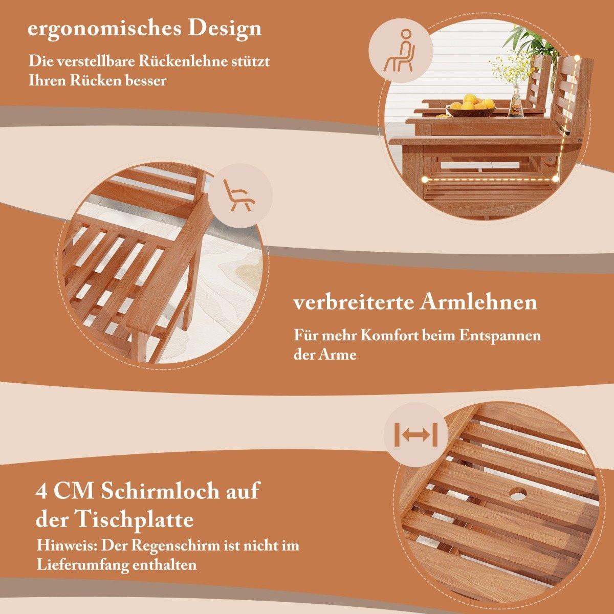 B2X Set di sedute in legno con tavolino e foro per ombrellone Set di mobili da giardino resistenti alle intemperie per la terrazza  
