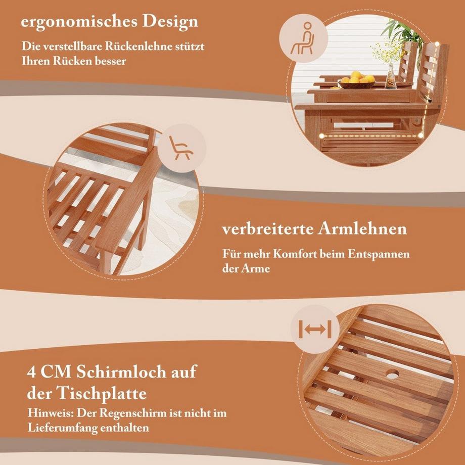 B2X Sitzgarnitur aus Holz mit Kaffeetisch & Schirmloch Wetterfestes Gartenmöbelset für die Terrasse  