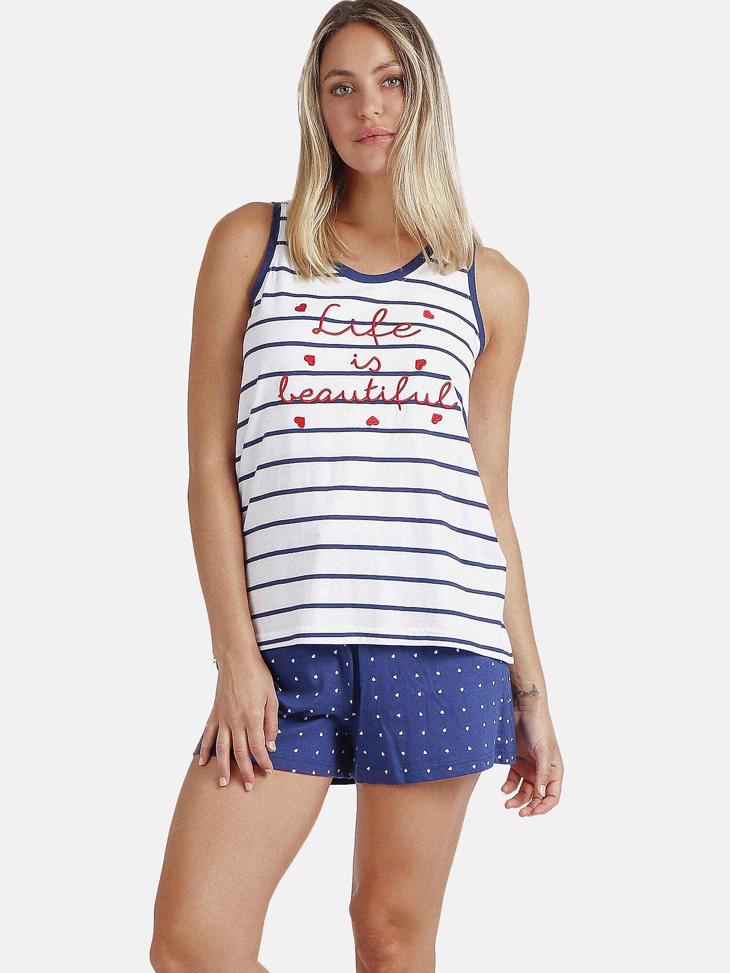 Image of Pyjama Shorts Tank Top Life Is Beautiful Unisex Königsblau L