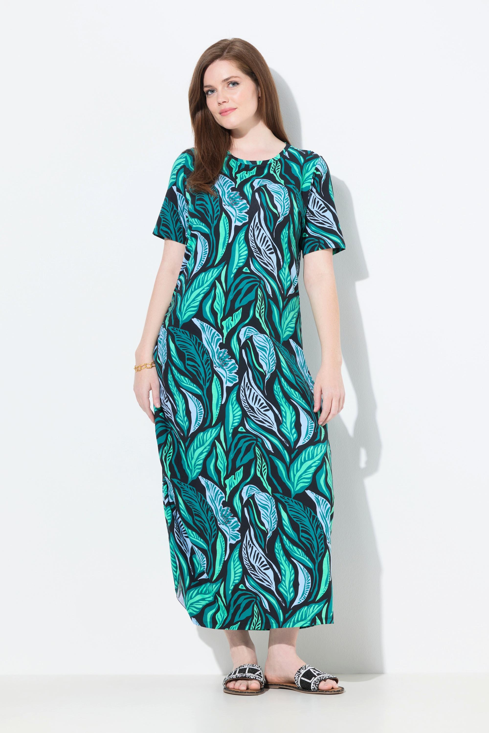 Ulla Popken Maxi Abito Stampa Giungla Scollo Rotondo Mezze Maniche  